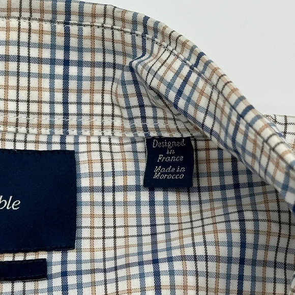 Faconnable Classique Men's Shirt button down collar blue Tan plaid all cotton XL - Picture 6 of 8